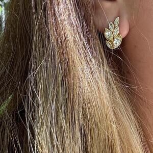 Vintage Nina Ricci Leaf Clip on Earrings 22kt Gold Plated Signed Crystals